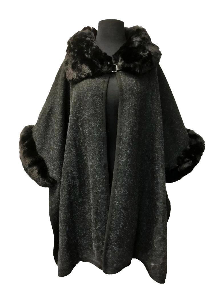 Black Wool Cape with Fur Collar