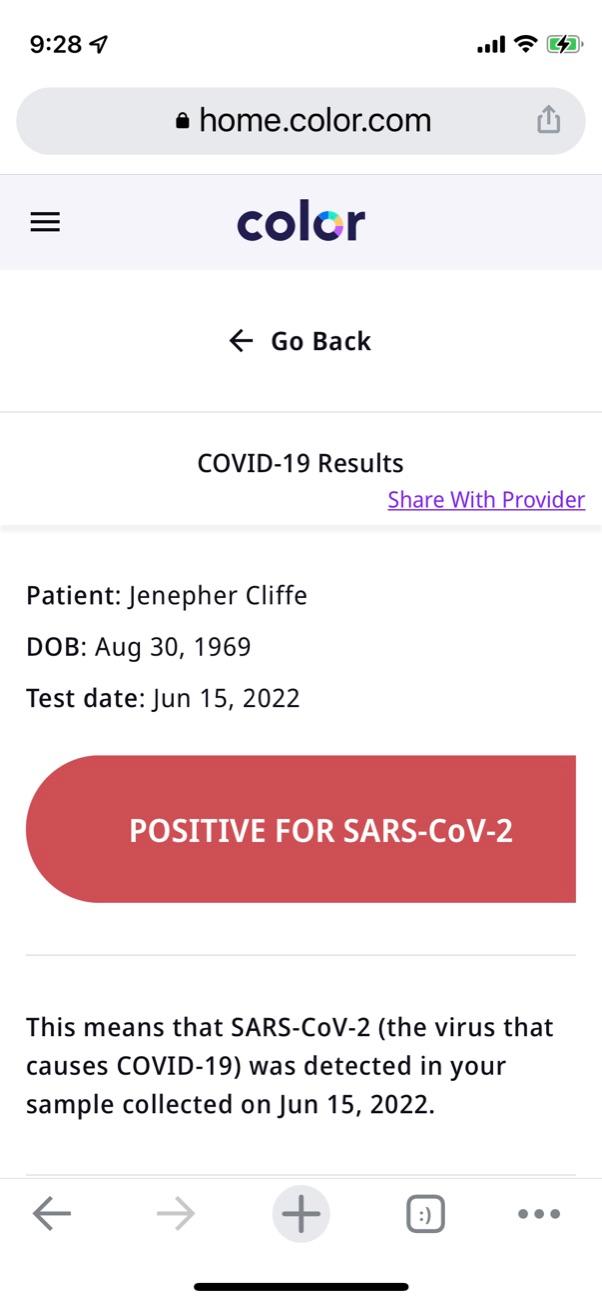 Screenshot of my PCR results from June 15 2022.
