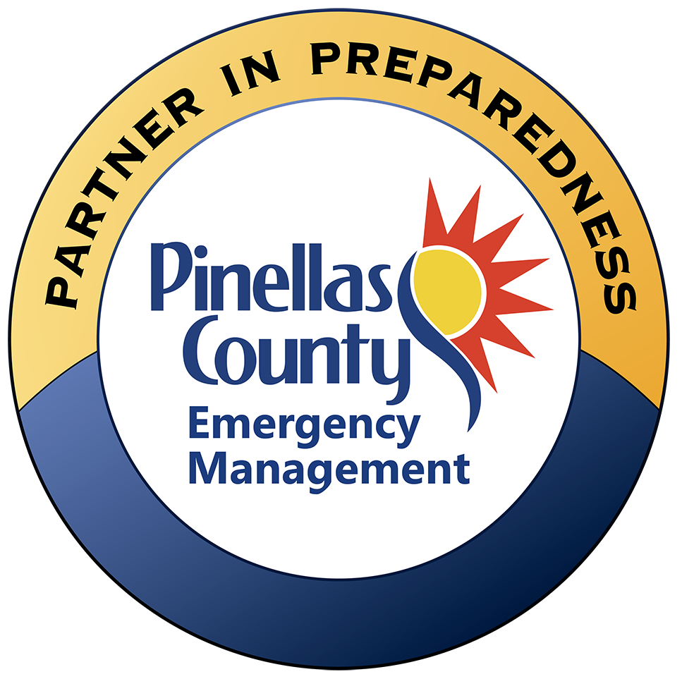 Round badge that says "Partner in Preparedness" with the Pinellas County Emergency Management logo