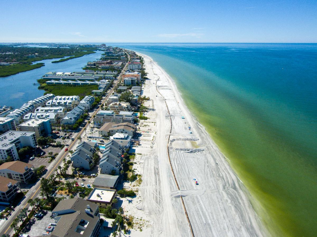 Drone photo above Indian Shores showing ongoing beach nourishment
