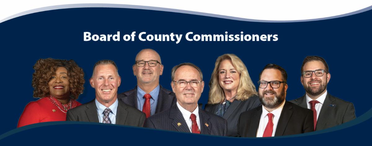 Head shots of the Board of County Commissioners with the words "Board of County Commissioners" on a blue background