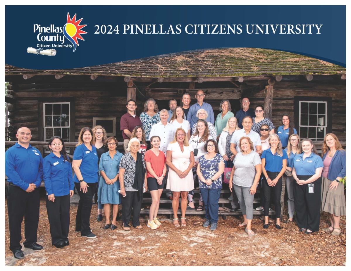 Class photo of the 2024 Pinellas Citizen University students with Commissioner Kathleen Peters and Pinellas County staff.