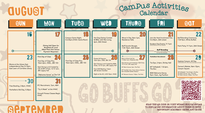 August Campus Activities Calendar Graphic