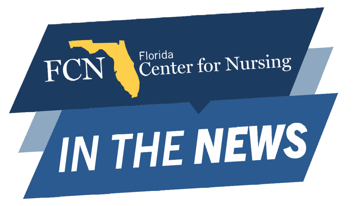 Dark blue ribbon banner with the words 'FCN' and 'Florida Center for Nursing.' Below this banner on another blue ribbon banner are the words 'IN THE NEWS.' 
