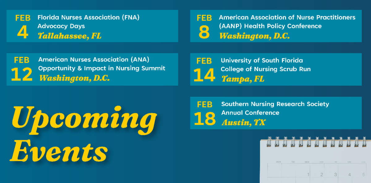 Two columns of upcoming events the Florida Center for Nursing will attend. Text on the bottom left reads "Upcoming events" in yellow script, with a spiral calendar page on the bottom right.
