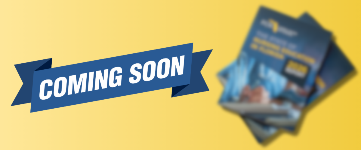 A yellow background with a blue banner with "COMING SOON" written on it in white. Two blurry reports are fanned on the right.