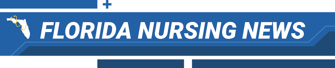 A breaking news-style dark blue thin rectangular banner with "Florida Nursing News" in white on top of the banner. 