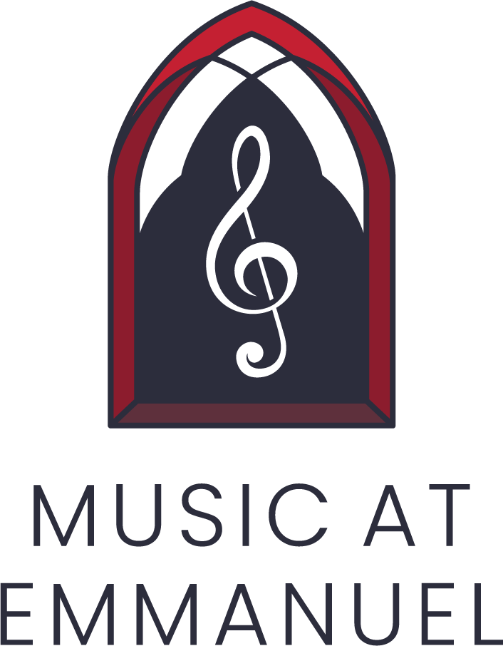 Image of treble clef inside church window with text Music at Emmanuel