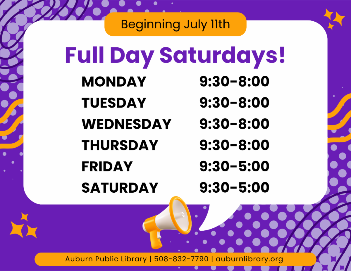 Beginning July 11th the library will be opening 9:30-5:00 on Saturdays