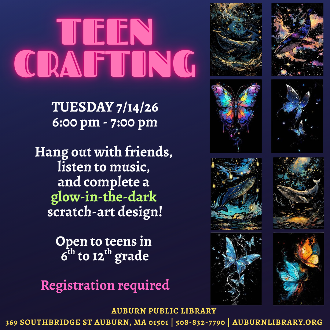 Teen Crafting every Tuesday 6:00-7:00 PM Hang out, listen to music, and make some art! We will have a different themed craft each week and participants can take their craft home! Open to teens and pre-teens in 6th grade and up.. Register at https://auburnlibrary.org/library-calendar/