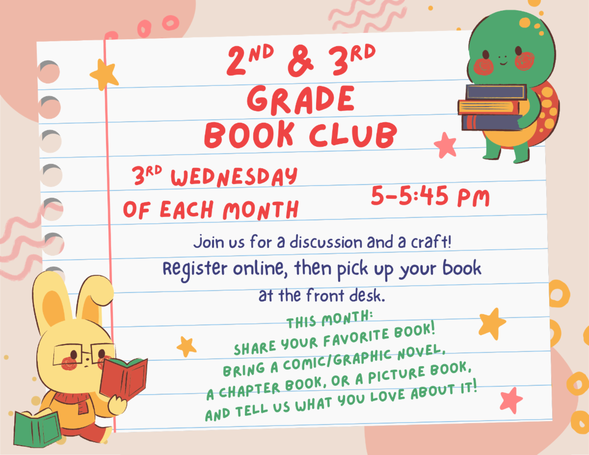 Children's Book Club (2nd & 3rd Grade) Wednesday July 15th 5:00—5:45 PM. This month share your favorite book! Register at https://auburnlibrary.org/library-calendar/