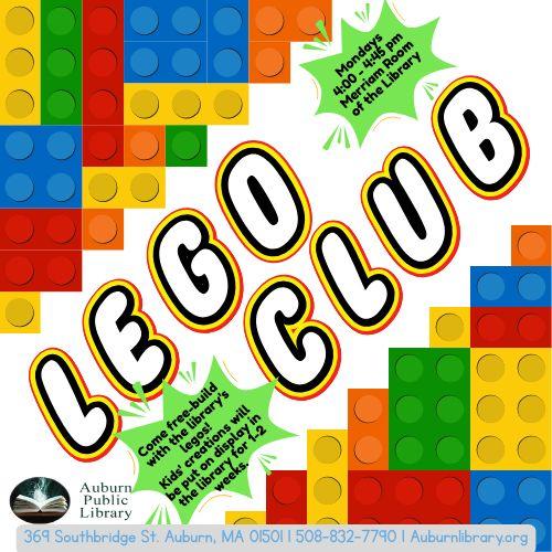 Lego Club Mondays 4:00—4:45 PM Come free-build with the library's legos! Kids' creations will be put on display in the library for 1-2 weeks. No registration required. 