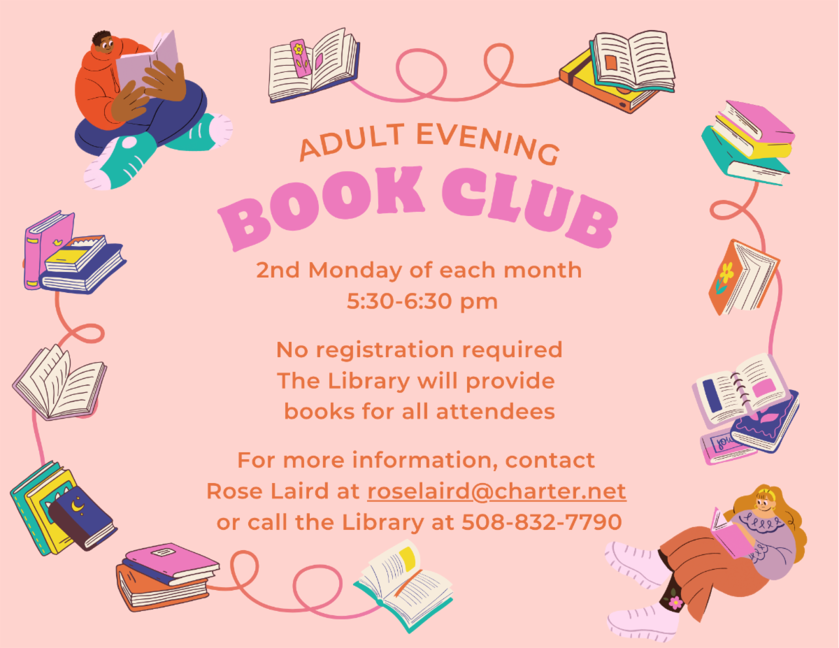 Adult evening book club 2nd Monday of each month  5:30-6:30 pm  No registration required Stop in any time to pick up a copy of this month's book:      Swift River  by Essie Chambers The next meeting will be on Monday, April 13th at 5:30 pm 