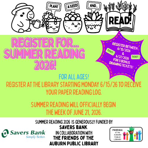 Come down to the library to sign up for the Summer Reading Program and to get your paper reading log! All ages can participate (e.g. babies, children, teens, and adults).   Participants will earn drawing tickets towards 12 prize baskets by reading each week. Participants can also complete reading activities to earn up to 4 small prizes!