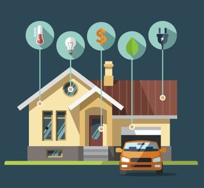 Graphic of a yellow house with an orange car out front and saving energy at home icons