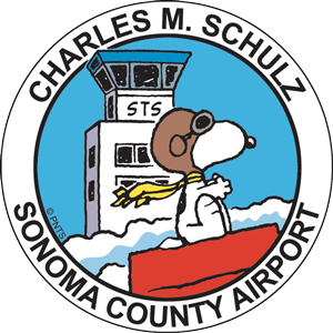 Logo for the Charles M Schulz Sonoma County Airport with snoopy riding his red doghouse and an airport tower in the background