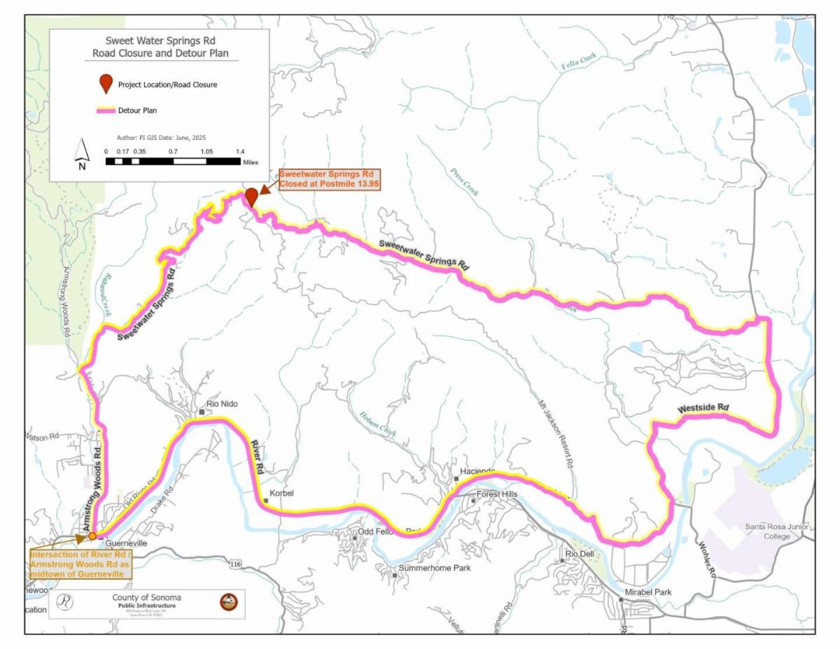 Map of Sweet Water Springs Road closure at Postmile 13.95 with detour route marked in pink from Guerneville to Westside Road.