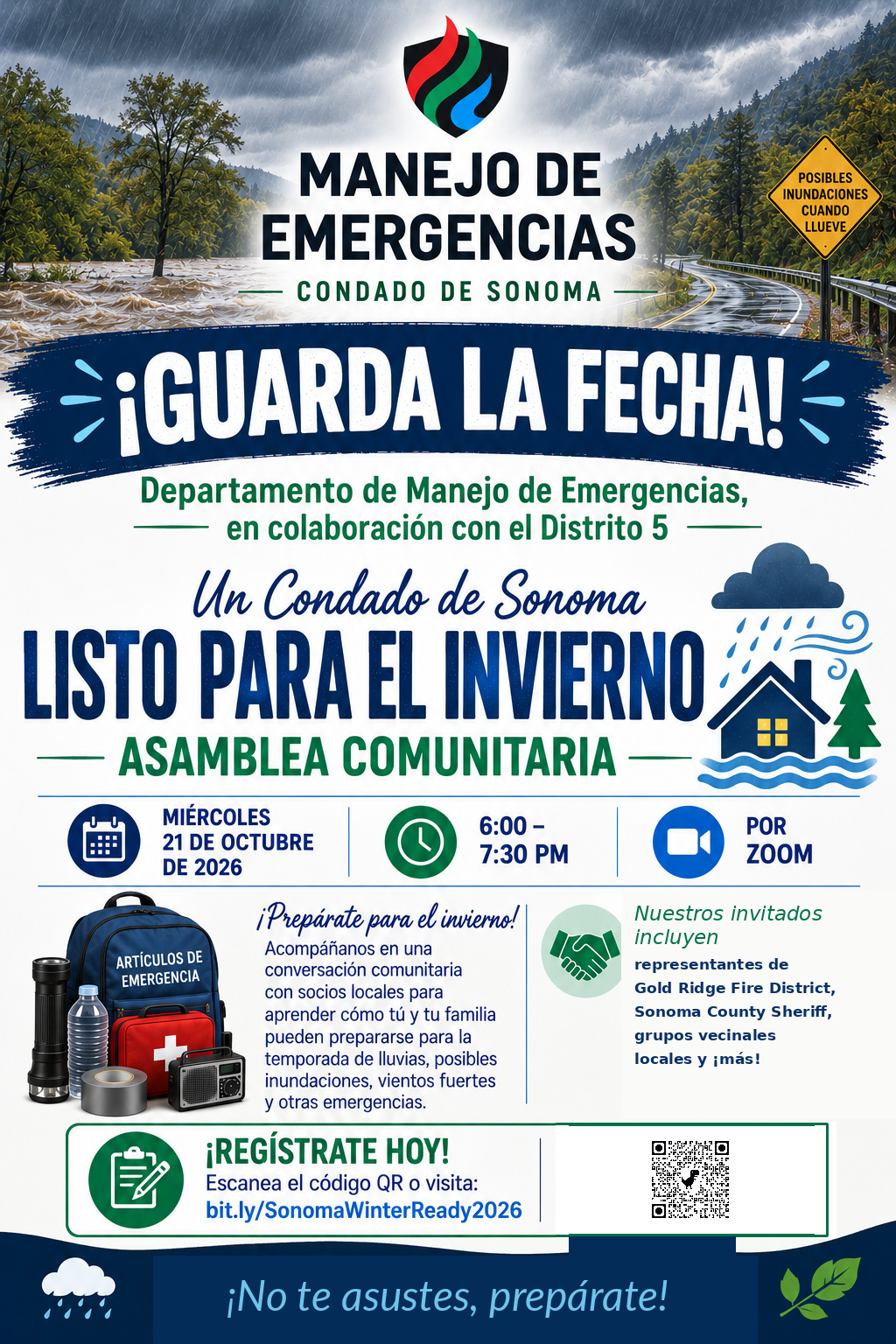 Cartel en español del Condado de Sonoma para una asamblea comunitaria virtual sobre preparación para el invierno. Incluye información sobre inundaciones, tormentas y emergencias, con fecha del 21 de octubre de 2026, horario de 6:00 a 7:30 p. m., registro mediante código QR y enlace web.