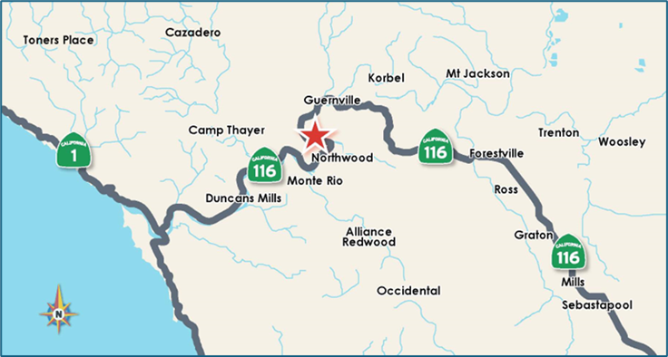 Map of Route 116 at the Russian River with a red star marking a location near Monte Rio.