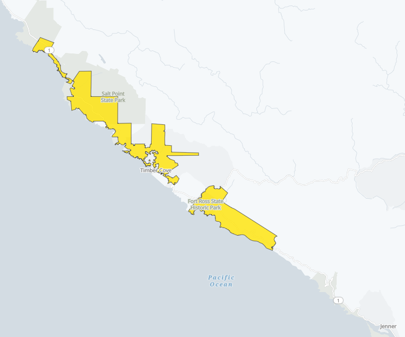 map showing power outage along Sonoma Coast in Woodside fire area