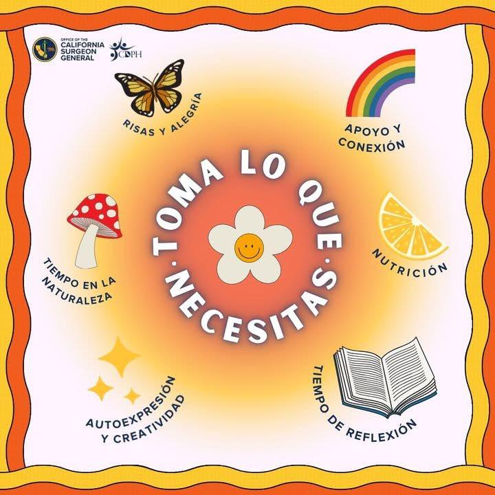 Ilustracion con borde ondulado naranja y una flor sonriente en el centro Alrededor de la flor dice Toma lo que necesitas Hay seis iconos alrededor de la flor una mariposa con el texto Risas y Alegria un arcoiris con Apoyo y Conexion una rodaja de naranja con Nutricion un libro abierto con Tiempo de Reflexion destellos con Autoexpresion y Creatividad y un hongo con Tiempo en la Naturaleza Logotipos de la Oficina del Cirujano General de California y CDPH en la esquina superior izquierda