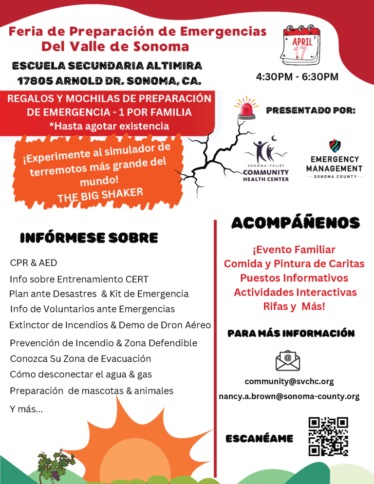 Volante rojo y blanco para una Feria de Preparación para Emergencias en el Valle de Sonoma el 17 de abril con una lista de lo que puede obtener información y más