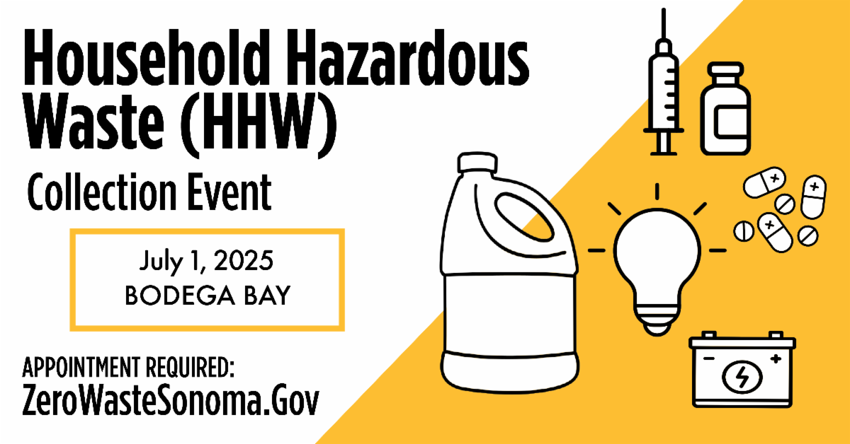 Promotional graphic for a Household Hazardous Waste (HHW) Collection Event in Bodega Bay on July 1, 2025. Text states: “Appointment Required: ZeroWasteSonoma.Gov.” The image includes black and white icons on a yellow and white background: a plastic jug, a syringe, a medicine bottle, pills, a glowing light bulb, and a battery.