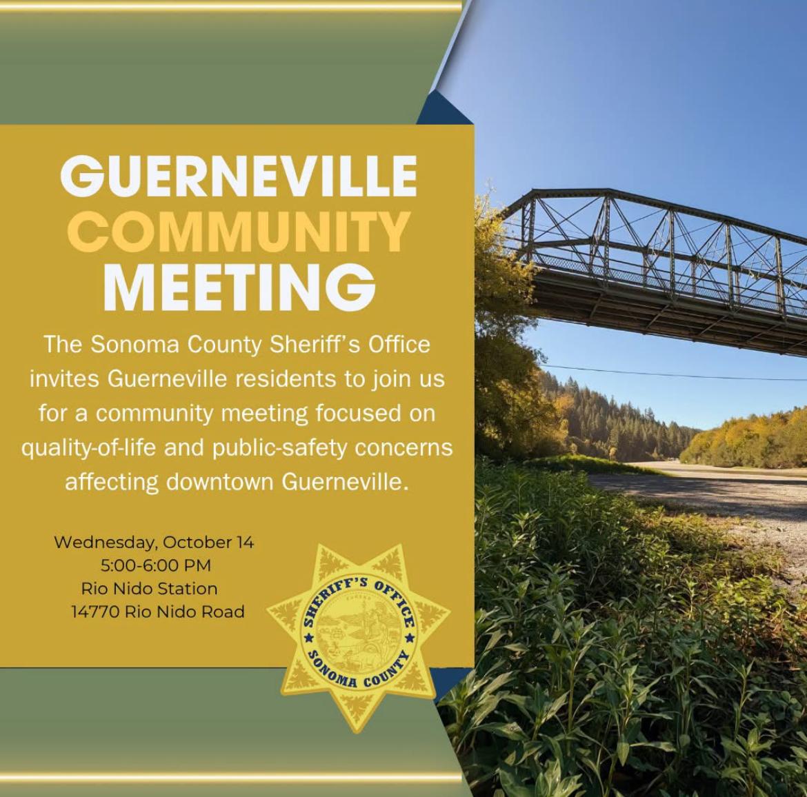Sheriff's announcement for Guerneville Community Meeting on October 14, 5 PM at Rio Nido Station
