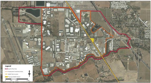 A map of the Sonoma County Airport runway and land and business area highlighted with a red outline