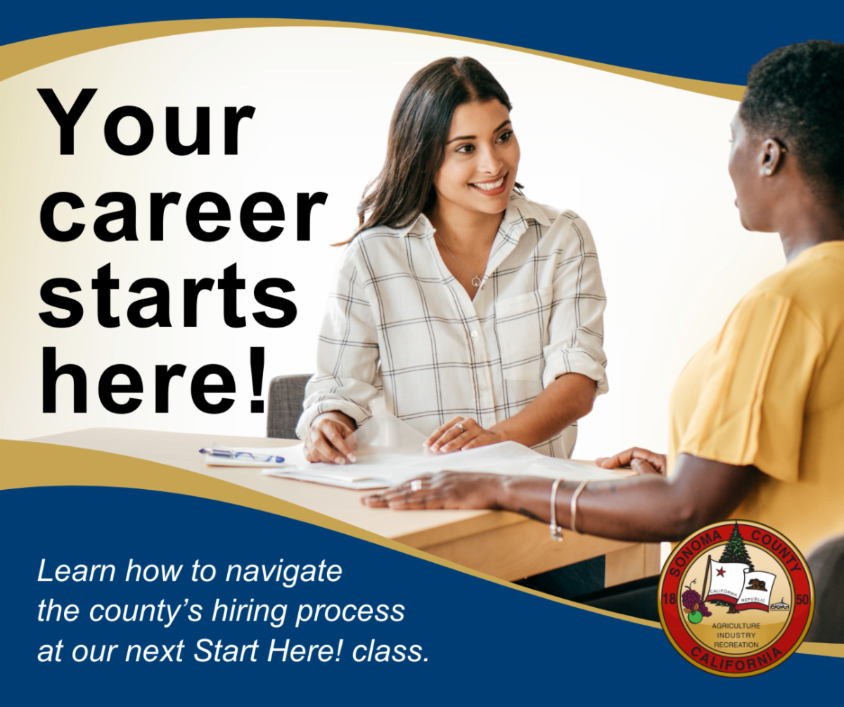 Graphic with a photo two women meeting at a table and a gold and blue background with the message stating to start your career here