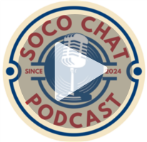 Circular logo for SoCo Chat Podcast featuring a vintage style microphone in the center. The words SOCO CHAT are at the top PODCAST at the bottom and SINCE 2024 on either side. A dark play button overlay appears in the center indicating the logo is clickable to play the podcast.