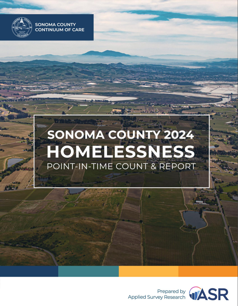Graphic of the cover of the Sonoma County 2024 homelessness point in time count and report with an aerial photo of Sonoma County in the background
