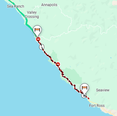 map indicating road closure on CA Hwy-1 between Timber Cove Rd & Stewarts Pt/Skaggs Springs Rd