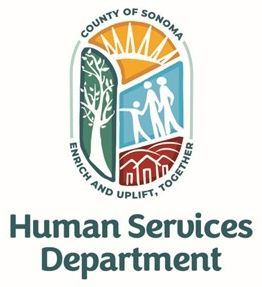 Image of the colorful Human Services Department logo with a tree a sun and people and homes with the tag line saying enrich and uplift together - Imagen del colorido logotipo del Departamento de Servicios Humanos con un arbol un sol personas y hogares