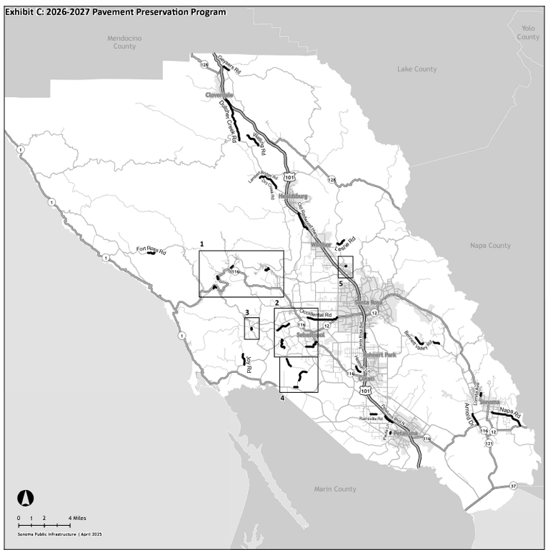 A black and white map of Sonoma County with roads highlighted that will have pavement projects in 2026 and 2027