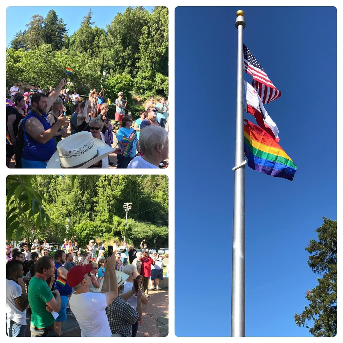 A collage of three photos from a Pride flag-raising event. The top left and bottom left images show a diverse crowd gathered outdoors, many wearing rainbow colors and taking photos, surrounded by lush green trees. The right image shows a flagpole against a clear blue sky, flying the American flag, California state flag, and a rainbow Pride flag.