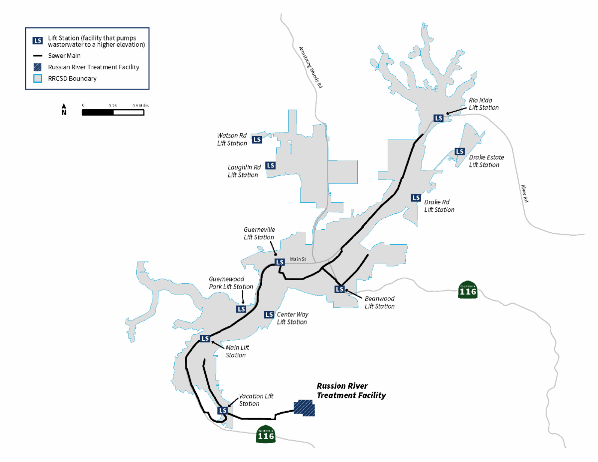 Map of Russian River County Sanitation District showing boundary sewer mains lift stations and treatment facility