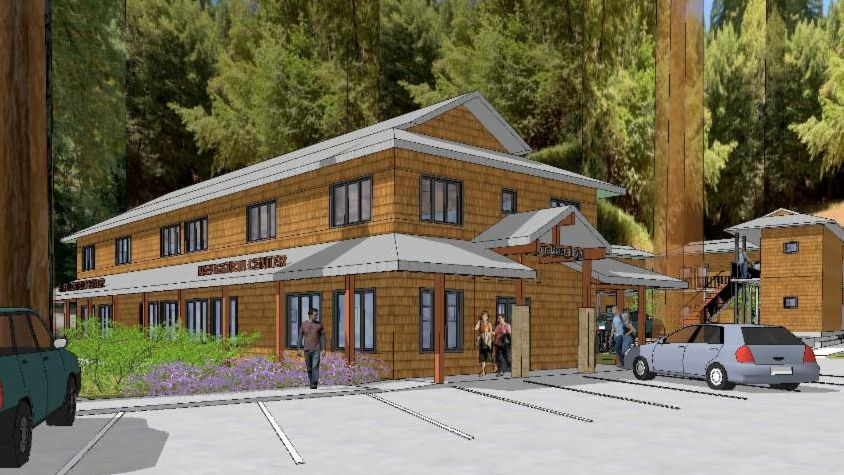 Architectural rendering of of Georges hideaway a brown house like building in the redwood tree grove with people out front and parked cars