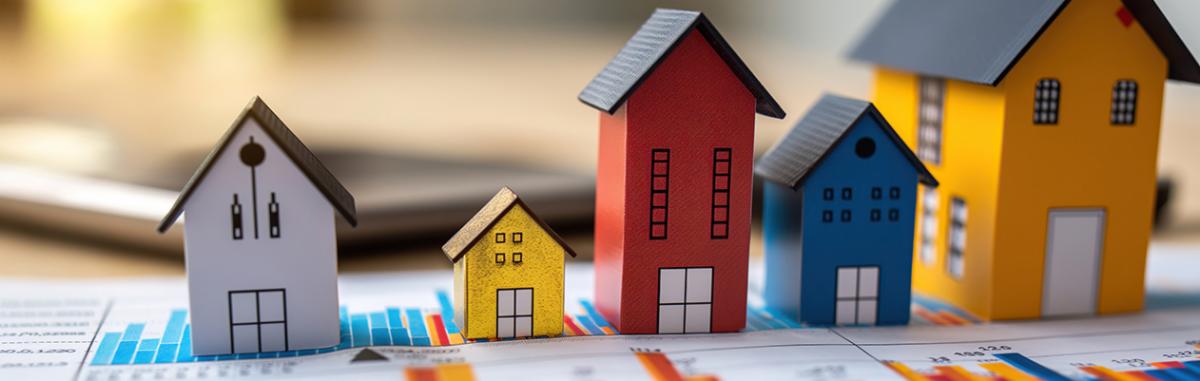 Colorful model houses in white, yellow, red, blue, and gold are arranged on top of charts and graphs, representing housing, real estate, or property values. 