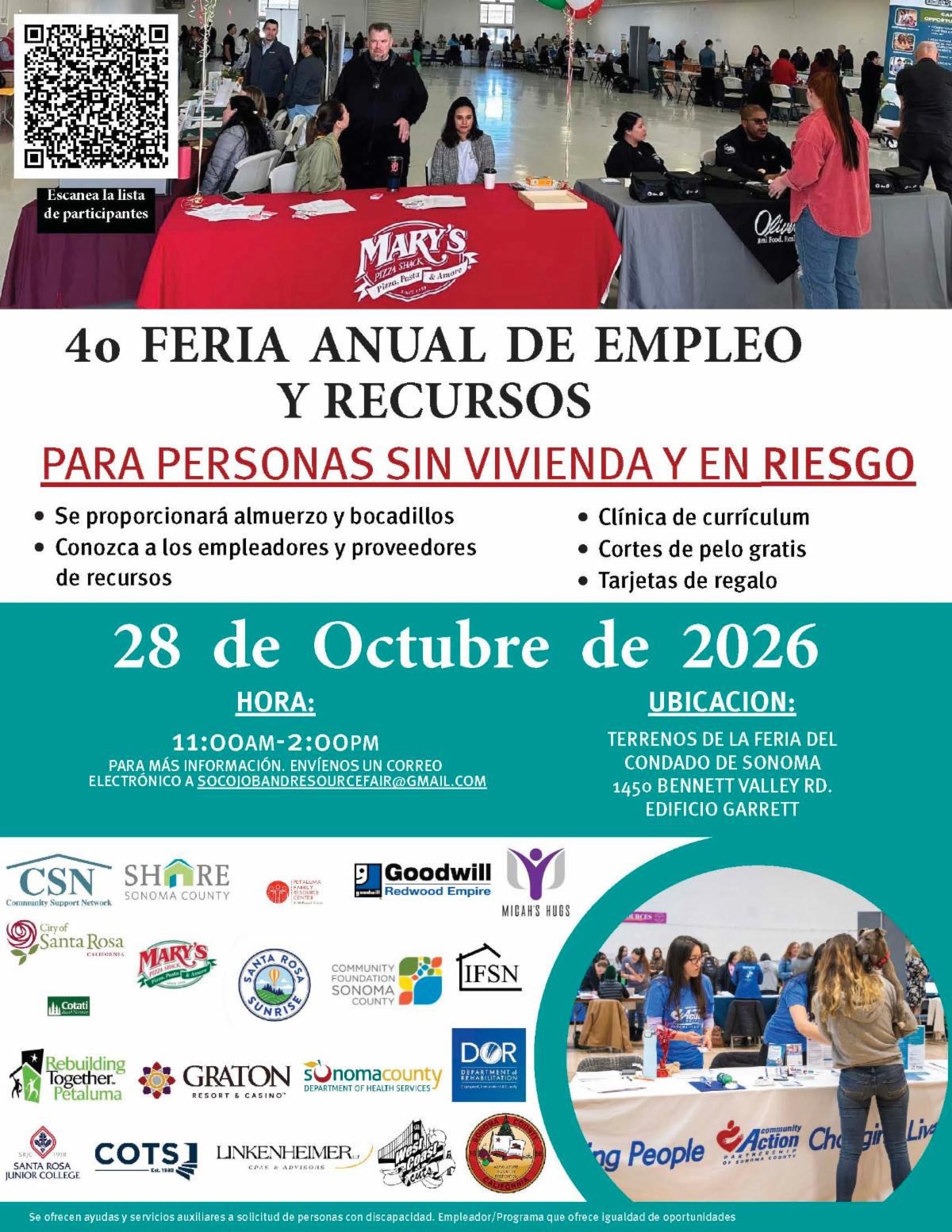 Volante en español para la 3.ª Feria Anual de Empleo y Recursos dirigida a personas sin vivienda o en riesgo. El evento se realizará el 8 de octubre de 2025, de 11:00 a. m. a 2:00 p. m., en los terrenos de la Feria del Condado de Sonoma. Incluye oportunidades de empleo, recursos comunitarios, clínica de currículum, cortes de pelo gratis, tarjetas de regalo, almuerzo y bocadillos, con fotografías de asistentes y organizaciones participantes