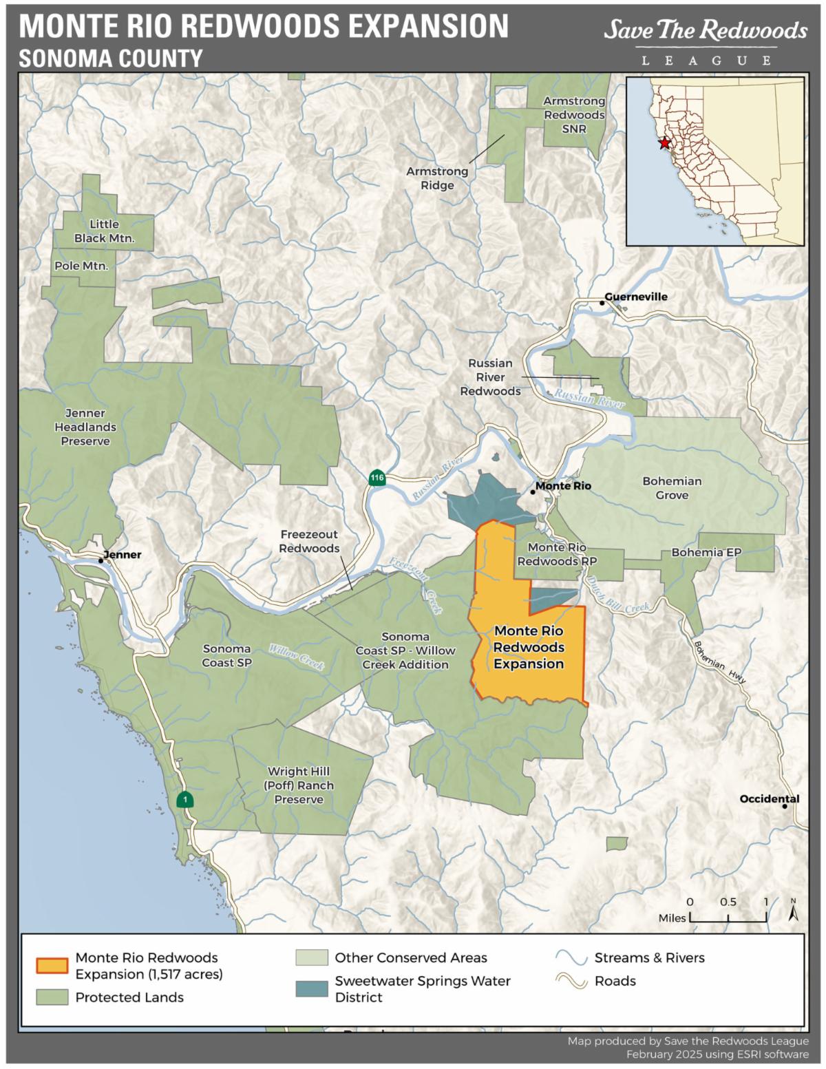 Map showing the Monte Rio Redwoods Expansion (1,517 acres) in Sonoma County, California, highlighted in orange. The area connects to other conserved lands, including Jenner Headlands Preserve, Wright Hill Ranch, and Sonoma Coast State Park.