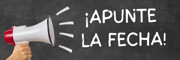 Gráfico de un megáfono rojo y blanco sostenido con una mano sobre un fondo de pizarra con el texto que dice para guardar la fecha