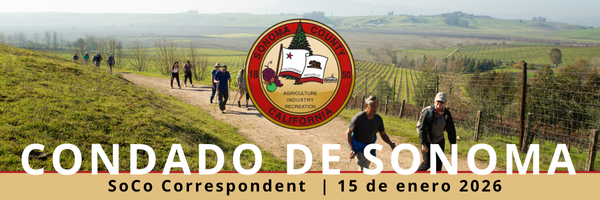 Encabezado del boletín informativo del condado de Sonoma con el sello del condado para el 15 de enero, con una foto de personas haciendo senderismo en una ladera en un día despejado