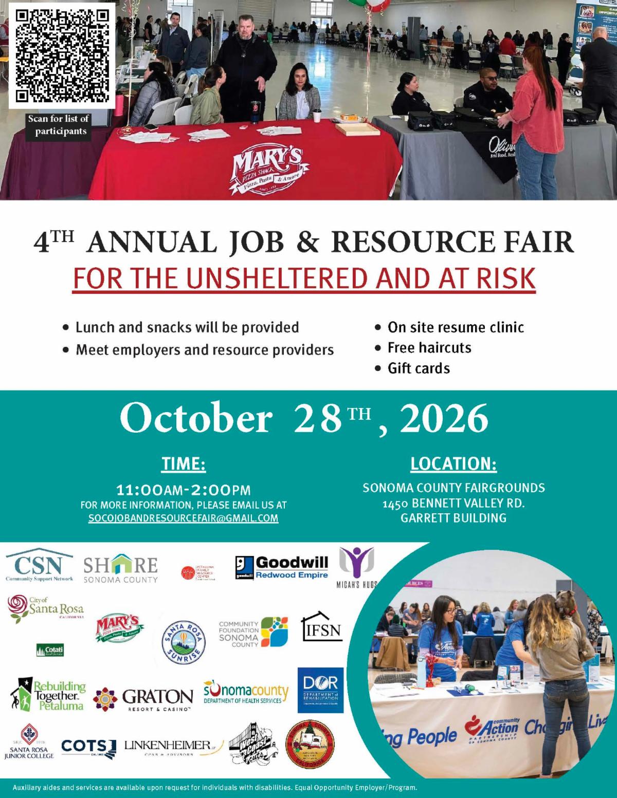 Flyer promoting the 3rd Annual Job & Resource Fair for unsheltered and at-risk individuals. The event takes place on October 8, 2025, from 11:00 a.m. to 2:00 p.m. at the Sonoma County Fairgrounds, Garrett Building. The flyer highlights employment opportunities, resource providers, an on-site résumé clinic, free haircuts, gift cards, and complimentary lunch and snacks. Photos show attendees interacting with employers and community organizations, alongside logos of participating agencies and partners