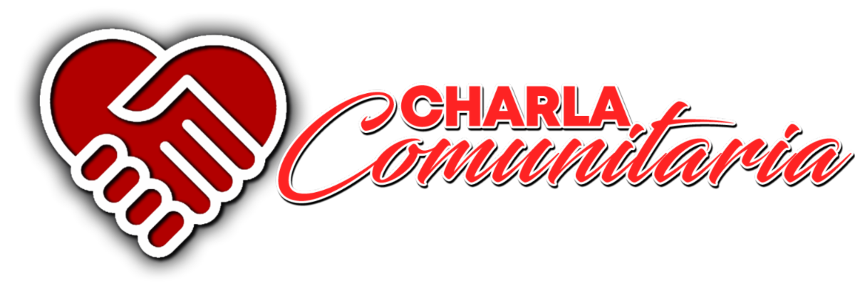 Charla Comunitaria red logo with two hands holding in a heart shape graphic