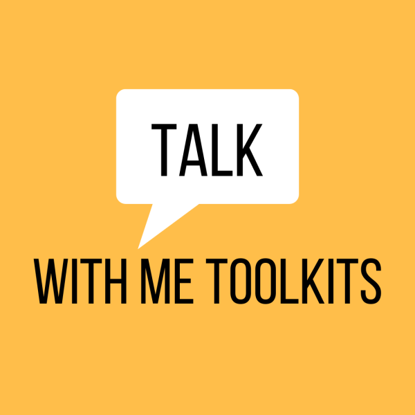"Talk with me toolkit" logo. Orange background with the word "Talk" in a white dialogue bubble. 