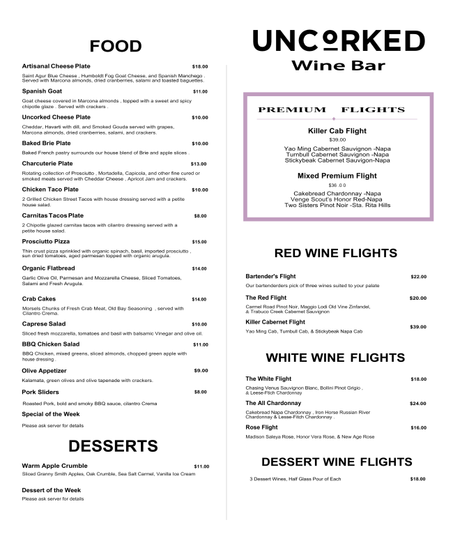 Menu Food & Wine Flights getuncorked