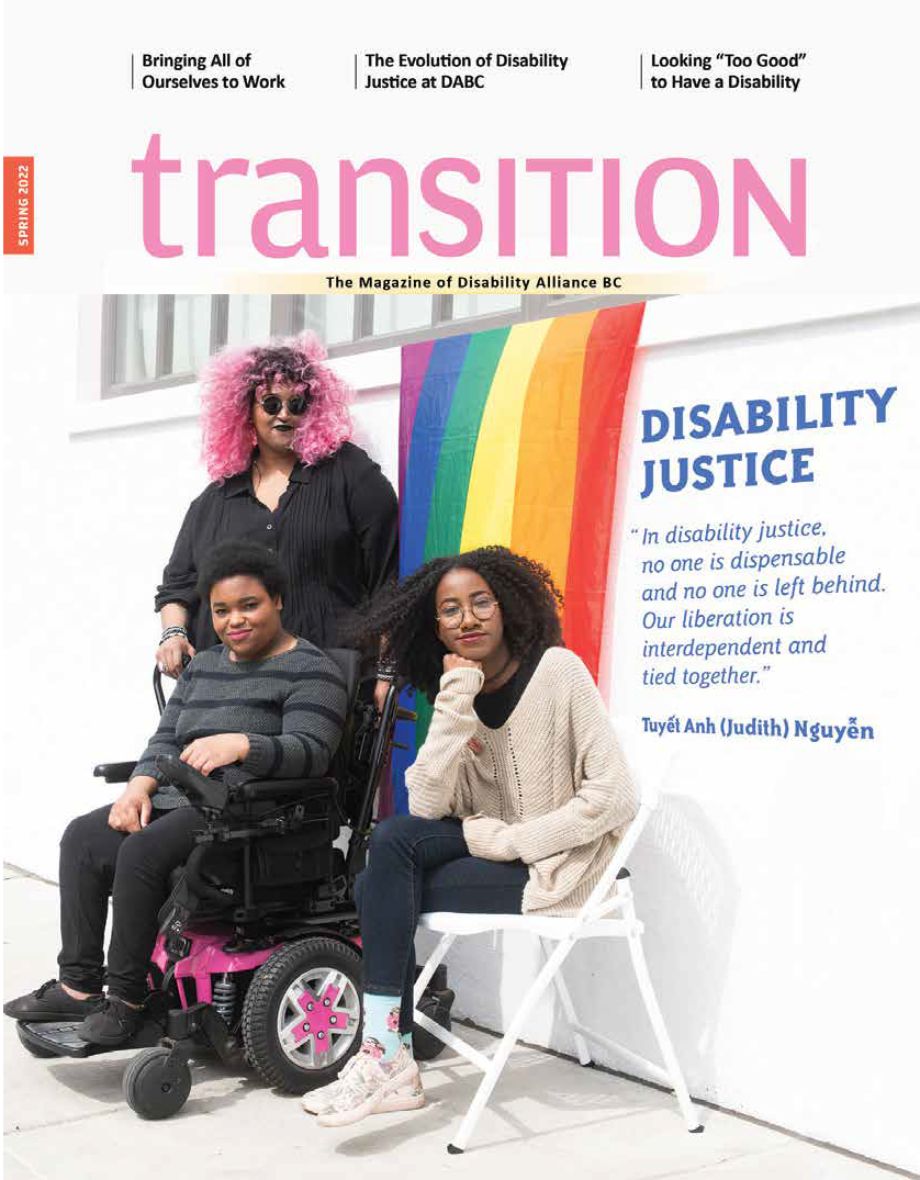 Transition Spring 2022 cover which features 3 POC standing and sitting in front of a rainbow flag