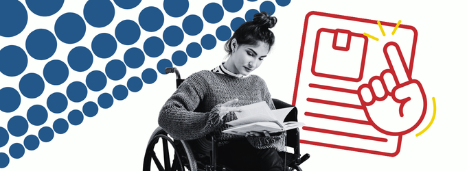 a graphic of a paper behind a woman in a wheelchair reading a book