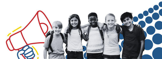 a graphic of a megaphone behind a group of children standing with arms around one another